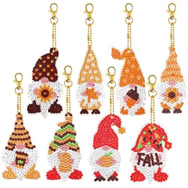 Imagem de 8 peças chaveiro de pintura de diamante outono DIY kits de pintura de diamante gnomo abóbora girassol diamante arte chaveiros dupla face strass pontos chaveiro para adultos iniciantes crianças artesanato presentes decoração de casa