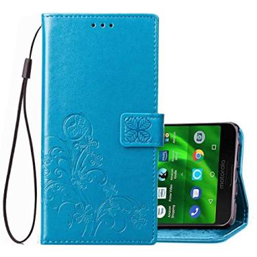 Imagem de Capa ultrafina trevo da sorte flores prensadas padrão capa de couro para Motorola Moto G6, com suporte e slots de cartão e carteira e alça de mão (preta) capa traseira do telefone (cor: azul)