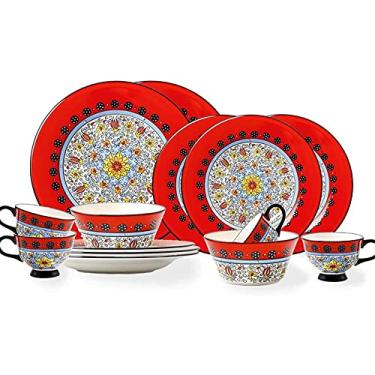 Imagem de Conjuntos de pratos de jantar, conjuntos de louça de cerâmica para 4, conjuntos de jantar estilo americano criativo com 8 pratos, 2 tigelas e 4 xícaras, combinação completa de porcelana, seguro para micro-ondas e lava-louças, copo de 450 ml, EUR