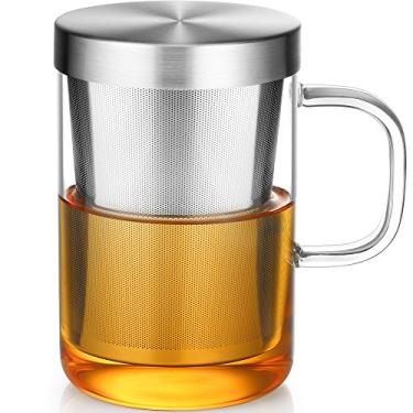 Imagem de ecooe Caneca de chá de vidro borossilicato de 480 ml, copos de chá com infusor e tampa de aço inoxidável, xícara de chá de vidro de folha solta 430 ml (capacidade de uso)