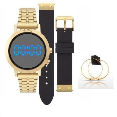 Imagem de Relógio Dourado Digital Azul Euro Feminino Com 2 Pulseiras C/Brincos F