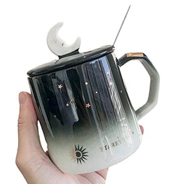 Imagem de seelucky Caneca de lua com tampa de colher estrela xícara de café de cerâmica xícara de chá copo de leite presente escritório casa (sol da lua, 400 ml)