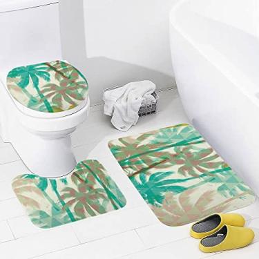 Imagem de Conjunto de tapetes de banheiro 3 peças de palmeira abstrata em tapete de banheiro geométrico lavável tapete antiderrapante tapete de contorno e tampa para banheiro