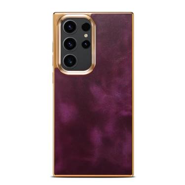 Imagem de HAZARA Capa de couro de vaca para Samsung Galaxy S23 Ultra/S23 Plus/S23, capa de couro de cera de óleo clássica, capa amortecedora, roxa, S23 Ultra