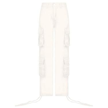 Imagem de Calças de moda feminina multi bolso calças de carga calças casuais com bolsos solto ajuste botão para baixo calças perna larga calças de cintura alta (Branco, M)