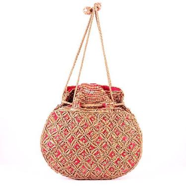 Imagem de Purpledip Bolsa Potli (bolsa com cordão): bordado de lantejoulas com fio dourado, Vermelho, Large