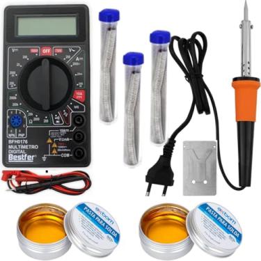 Imagem de Kit Profissional Ferro Solda 60w 110 / 220v + Suporte + 30g Estanho + 100g Pasta + Multímetro Digital (220, volts)