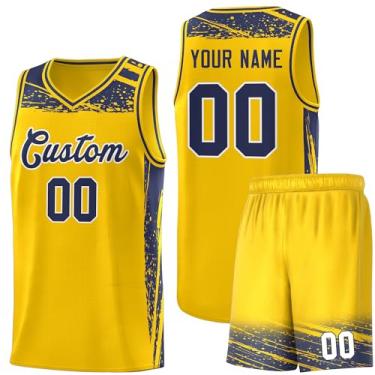 Imagem de Camisa masculina personalizada de basquete juvenil uniforme de treino uniforme impresso personalizado nome do time logotipo número, Amarelo e azul-marinho - 11, One Size