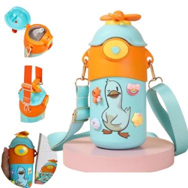 Imagem de Garrafa Térmica Infantil Inox Parede Dupla 500ml Com Alça Canudo de Silicone Antivazamento Squeeze Infantil KRORE® (AZUL)