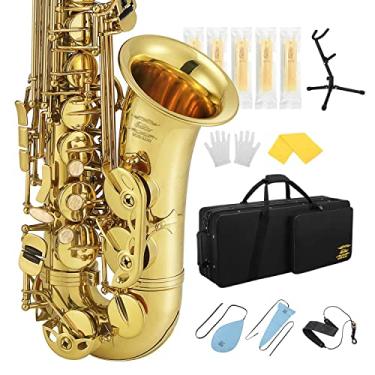 Imagem de Eastar Kit profissional de saxofone alto Eb Gold - com pano de limpeza, estojo de transporte, bocal, alça de pescoço, palhetas e suporte