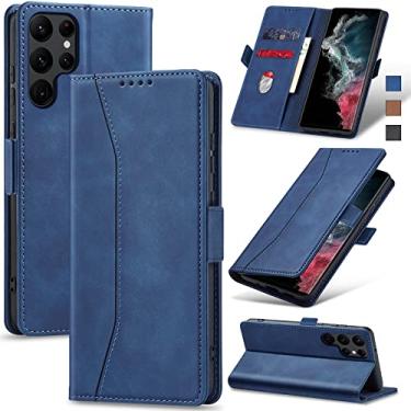 Imagem de Jasonyu Flip Carteira Capa para Samsung Galaxy S22 Ultra,Capinha Folio Magnética de Couro com Suporte para Cartão,Suporte para Chute - Protetora Durável de TPU à Prova de Choque para Telefone,Azul