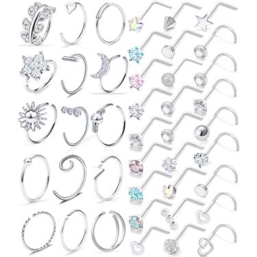 Imagem de Kridzisw 18G 20G Anéis de nariz argola de aço cirúrgico em forma de L piercings de nariz tragus cartilagem Helix brincos de argola piercing 42 peças, Metal, Cristal