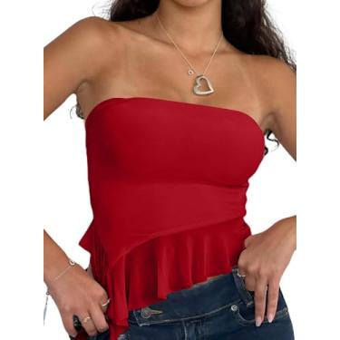 Imagem de Remidoo Blusa cropped feminina com babados e bainha assimétrica, sexy, de malha transparente, sem alças, Texturizado Vermelho-C, G