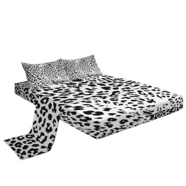 Imagem de Jogo de cama King com estampa de leopardo, estampa animal, microfibra super macia, 4 peças, preto e branco, 1 lençol com elástico e 2 fronhas, 40 cm de profundidade para quarto adulto