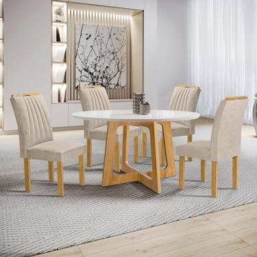 Imagem de Conjunto Mesa Arizona 120cm com 4 Cadeiras Arizona Tampo Redondo Plus com Vidro Cinamomo/Off White/Bege