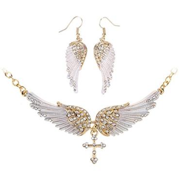 Imagem de Szxc Jewelry Colar feminino com pingente de cruz com asas de anjo da guarda 45,7 cm + 5 cm, Cristal Metal, Cristal