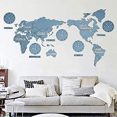 Imagem de Relógio de parede com mapa mundi 3d, relógio criativo diy com vários fusos horários, relógio de quartzo de madeira para escritório em casa, sem bateria, azul a, 180x110cm