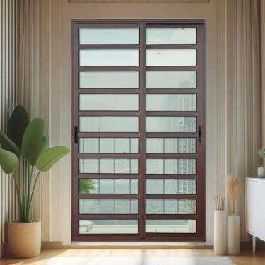 Imagem de Porta de Correr com Travessas 2 Folhas Moveis 210 X 120 Elite com Fecho Automático Vidro Liso Corten