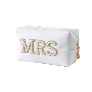 Imagem de owiter Mrs Cosmetic Bolsa grande - Remendo branco Varsity Letter MRS Higiene Pessoal Big Bag Pérola Strass Letras Remendos Grande Maquiagem Bolsa PU CB002, Branco, Casamento