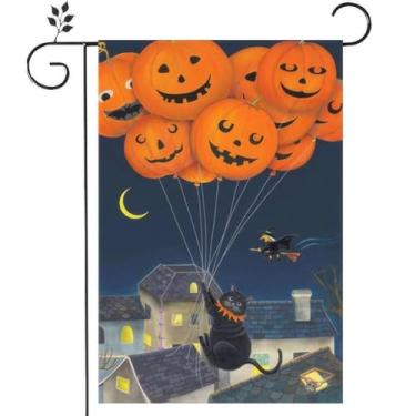 Imagem de RTKHFZE Bandeira de jardim de abóbora de Halloween 30 x 45 cm bandeiras de jardim de serapilheira dupla face bandeira de jardim de bruxa e gato fora de jardim para jardim, pátio, gramado, quintal,