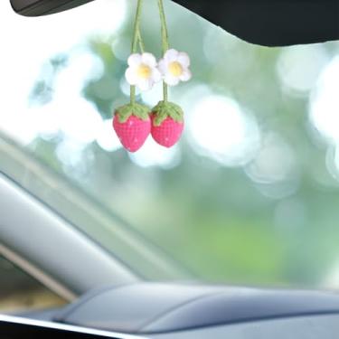 Imagem de 2 peças de decoração de carro fofo de crochê, morango, enfeite para pendurar, espelho de planta de carro, acessórios para pendurar, acessórios de carro tricotados feitos à mão, pingente para mulheres,