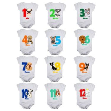 Imagem de Kit body bebê mesversario manga curta estampa cachorrinhos 12 bodies 1 a 12 meses