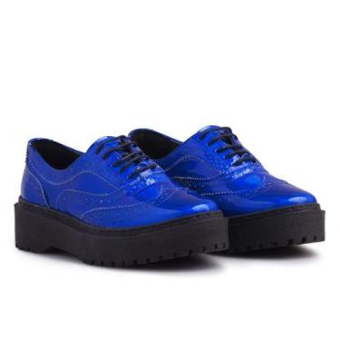 Imagem de Sapato Oxford Feminino Tratorado Metalizado Clássico - Q&A, 38, Azul