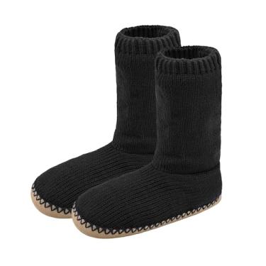Imagem de Panda Bros Pantufas masculinas aconchegantes para uso interno, felpudas, com solas antiderrapantes, tricotadas para o inverno, meias quentes para uso doméstico, Preto longo, 13-16