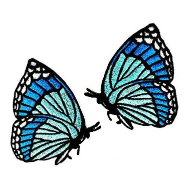 Imagem de Conjunto de 2 borboletas azuis e insetos, insetos, animais selvagens, 6,8 x 6,5/20,3 cm, patch MEGADEE, para chapéu, boné, polo, mochila, jaqueta de roupas, camiseta, bordada, faça você mesmo, ferro