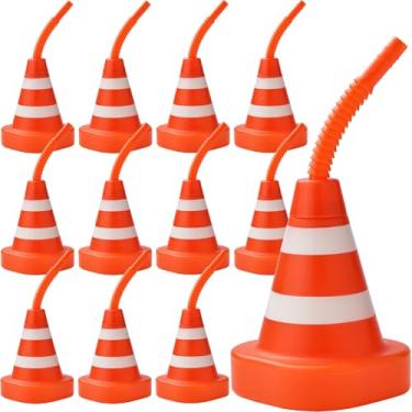 Imagem de ALINK Pacote com 12 copos de cone de construção com canudos, cones de trânsito de carro de corrida de 293 ml, copos de lembrancinha de festa para festas infantis, tema de trânsito de construção,