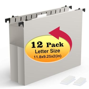 Imagem de Shutex Pastas de arquivo de plástico com capacidade extra, pacote com 12 pastas expansíveis reforçadas, tamanho carta, bolso sanfonado, expansão de 5 cm, organizador rígido de pastas suspensas para