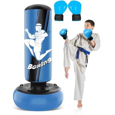 Imagem de Saco de pancadas inflável de 165 cm para crianças, saco de boxe com luvas de boxe para praticar Taekwondo de karatê MMA, e para aliviar a energia reprimida (azul)
