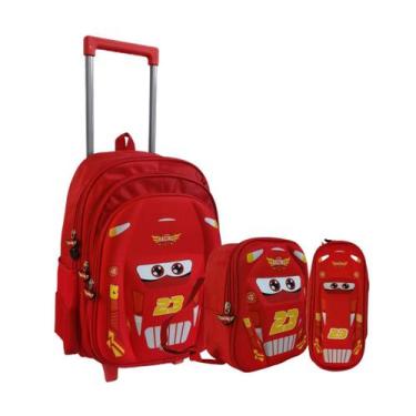 Imagem de Kit Mochila Rodinha Carros 3D Lancheira Estojo Macqueen - Yins, Vermel