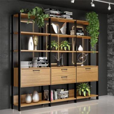 Imagem de Estante 3 Torres Industrial com 2 Gavetas 216 Cm 100% MDF Freijó Preto