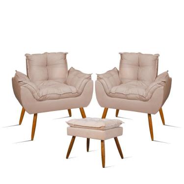 Imagem de Kit 02 Poltronas Decorativas + 01 Puff Para Apoio Dos Pés Cor:bege Bege