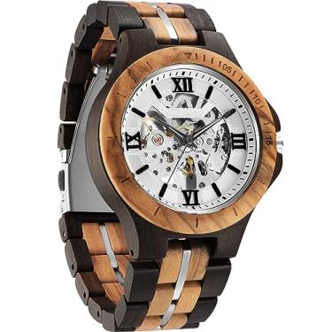 Imagem de FORSINING Relógio masculino de esqueleto mecânico de madeira maciça, pulseira de madeira vintage com mostrador oco, relógios masculinos automáticos com corda automática, Preto, branco, Casual