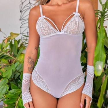 Imagem de Body strapy,renda,tule,sensual, acompanha luva - Deia, Branco