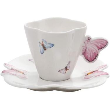 Imagem de Kit 6 Xícaras Café Porcelana Pires Borboletas 100Ml Wolff