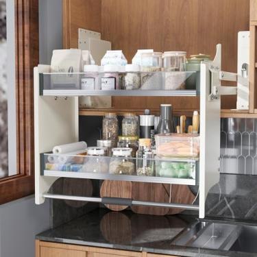 Imagem de DPZM Prateleira de puxar para baixo de 85 a 90 cm para armário superior de cozinha, organizador de gabinete resistente, prateleira de puxar para baixo de 2 andares, grande espaço de armazenamento,