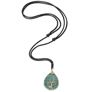 Imagem de Lightock Colar com pingente de aventurina verde simples, feito à mão, envolto em arame, árvore da vida, pingentes para mulheres e homens, presentes de boa sorte, Pedra, Aventurina