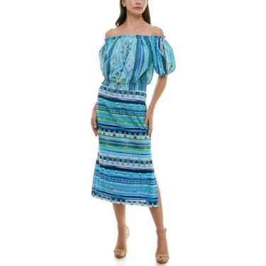 Imagem de Maison Tara Conjunto de vestido midi boho tomara que caia 2 peças, Aqua/Limão, 38