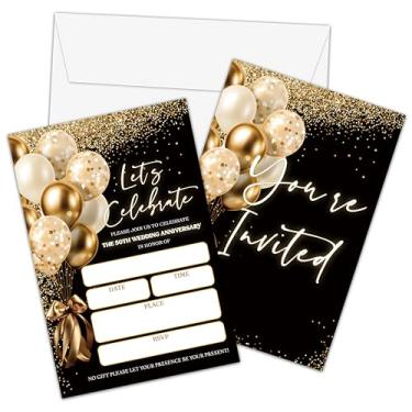 Imagem de Foosproea Cartões de convites de aniversário de 50 anos, convites de aniversário de casamento de balão de ouro preto com envelopes, cartão de convite de casamento, decorações de artigos de festa de