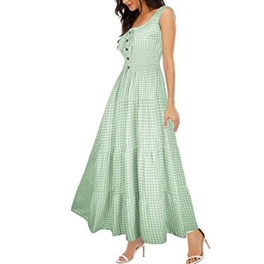 Imagem de OSTOO Vestido longo feminino 2023 sem mangas/manga curta Boho estampa floral casual rodado, Xadrez verde, XG