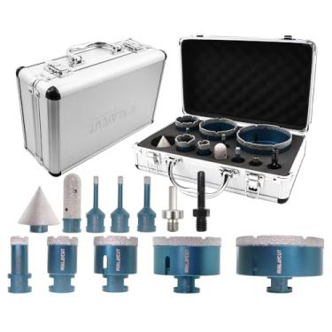 Imagem de MINLAYCUT Kit de serra copo para azulejos - 12 peças de brocas de núcleo de diamante conjunto 1/4" 5/16" 4/5" 1-3/8" 2" 3" 4" com broca de dedo de 4/5" 2" broca de chanfro sds/hex adaptador