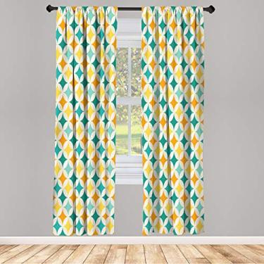 Imagem de Cortinas de janela geométricas Ambesonne, padrão colorido abstrato circular e estampa cúbica em forma de diamante, painéis decorativos leves conjunto de 2 e bolso para haste, 142 x 213 cm, azul amarelo