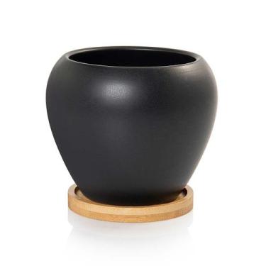 Imagem de Vaso Cachepot com Prato de Bambu Preto Fosco Doha Pozzani