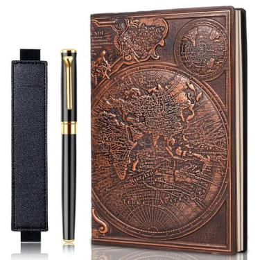 Imagem de Caderno Vintage FEIDIAO A5 em Couro com Relevo de Mapa - Inclui Caneta