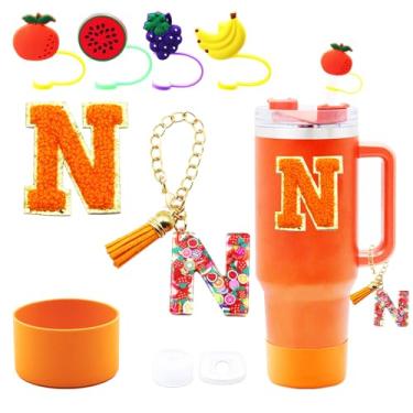 Imagem de Liangang Conjunto de acessórios de copo Stanley laranja de 9 peças, compatível com Stanley Cup 850 g 1,134 g, incluindo 4 peças de capa de palha e bota de frutas, tampa à prova de derramamento,