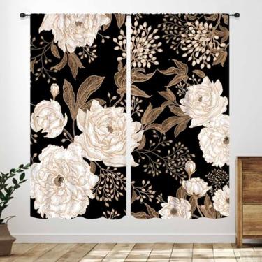 Imagem de Cortinas florais pretas, boho ouro preto flores góticas primavera retrô country plantas cortinas de janela para cozinha, quarto, sala de estar, banheiro, 2 painéis, 106 x 113 cm