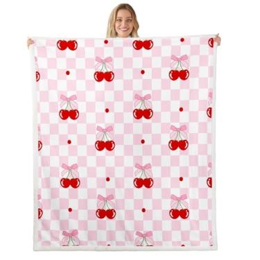 Imagem de Cobertor infantil com laço rosa, gravata borboleta de cerejeira, princesa romântica, cobertor de lã para meninas e mulheres, cobertor de lã xadrez quadriculado geométrico, cobertor felpudo moderno,
